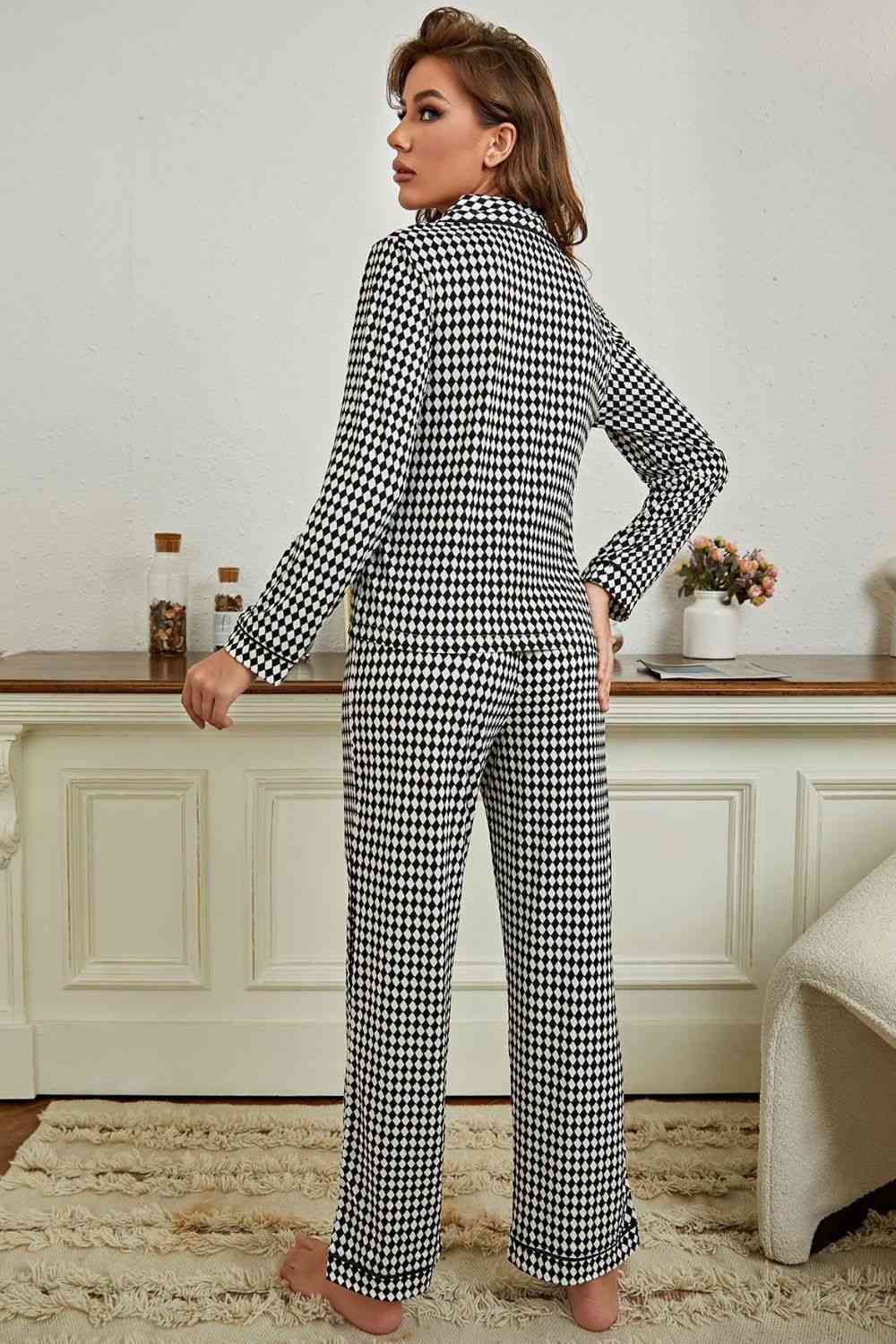 Checkered Button Front Top and Pants Loungewear Set | Woman's Polyester Set