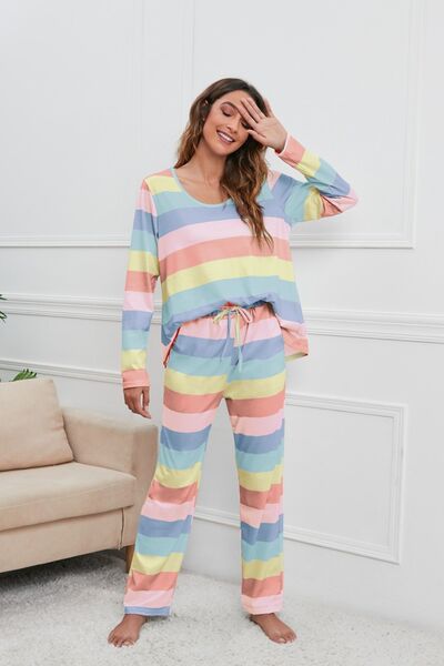 Striped Round Neck Long Sleeve Top and Drawstring Pants Lounge Set | Cotton Set