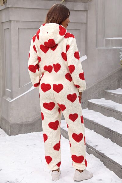 Fuzzy Heart Zip Up Hooded Lounge Jumpsuit | Woman's Polyester Pocketed Jumpsuit