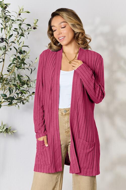 Basic Bae Full Size Ribbed Open Front Cardigan with Pockets |Casual Cardigan