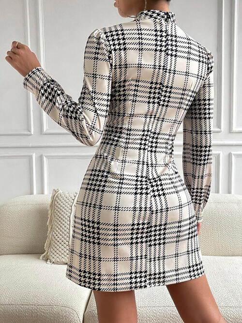 Houndstooth Mock Neck Cinched Mini Dress | Formal Ruched Mini Polyester Dress