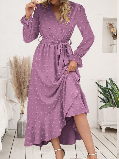Swiss Dot Tie Waist Flounce Sleeve Dress | Long A-Line Dress With Long Sleeves