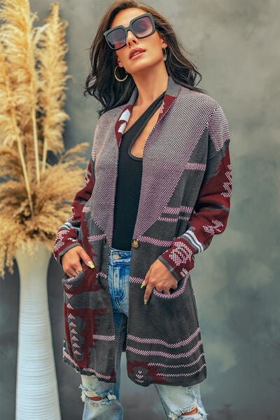 Geometric Open Front Pocketed Cardigan | Acrylic Cardigan With Single Button