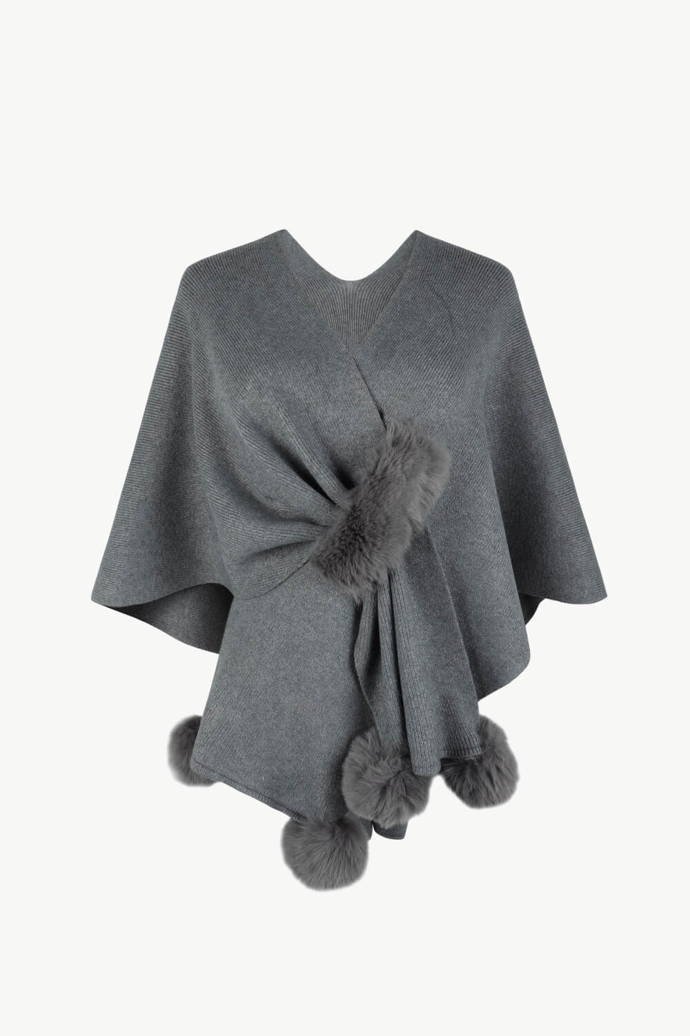 Surplice Neck Pom-Pom Trim Poncho | Casual Solid Stretchy Polyester Poncho