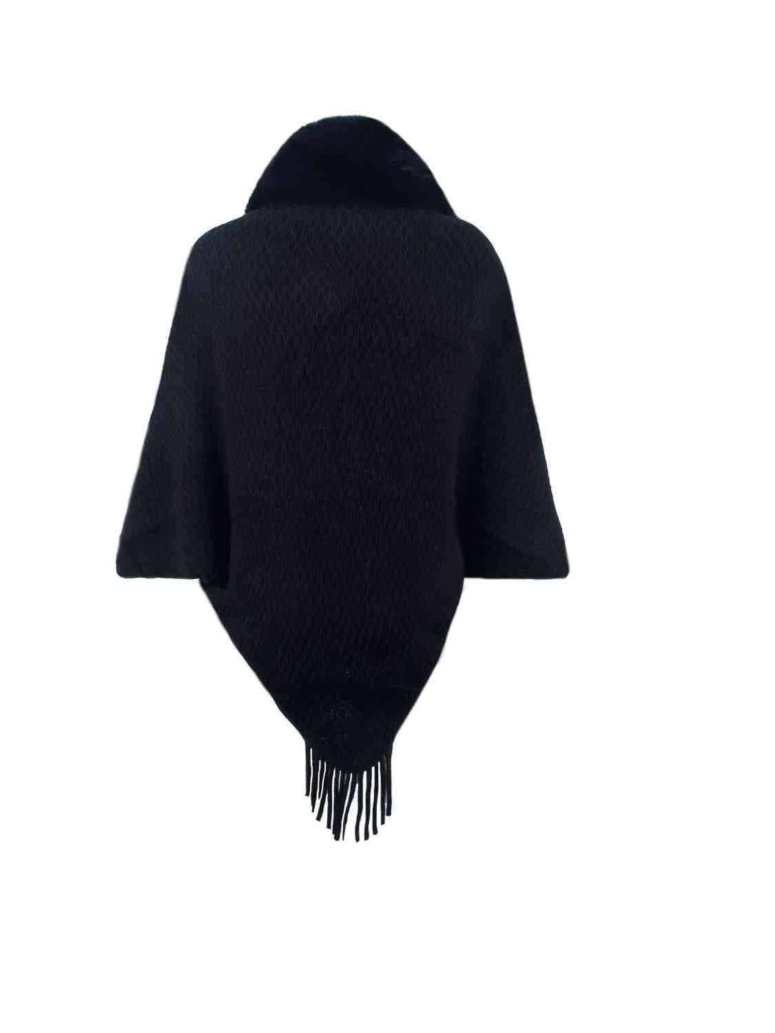 Open Front Fringe Hem Poncho | Casual Solid Fur Stretchy Polyester Poncho