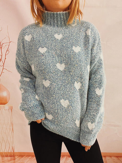 Heart Heathered Turtleneck Drop Shoulder Sweater | Sweater With Ribbed Details