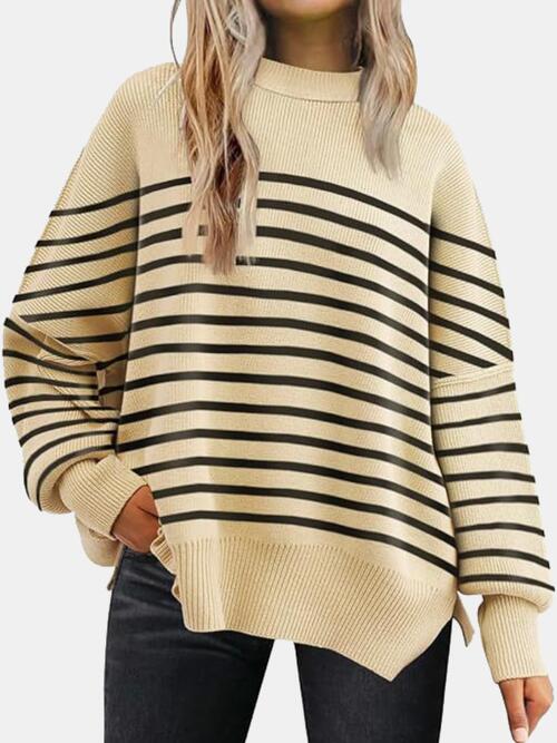 Round Neck Drop Shoulder Slit Sweater | Woman's Casual Stretchy Ribbed Sweater