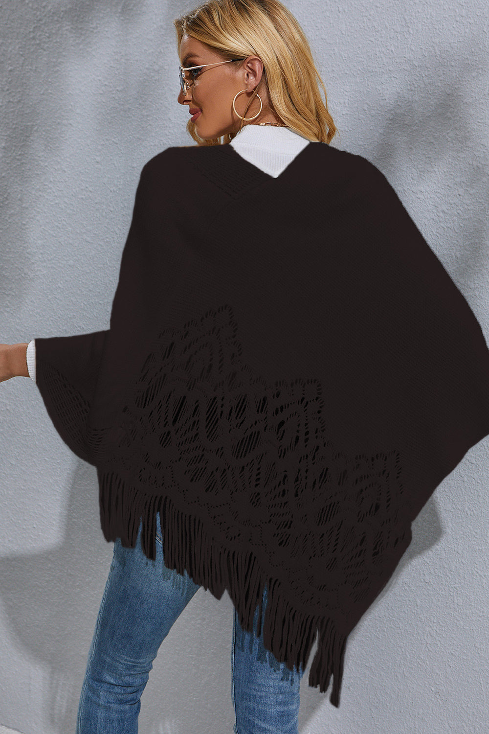 Round Neck Fringe Detail Poncho | Solid Acrylic Poncho With Long Sleeves