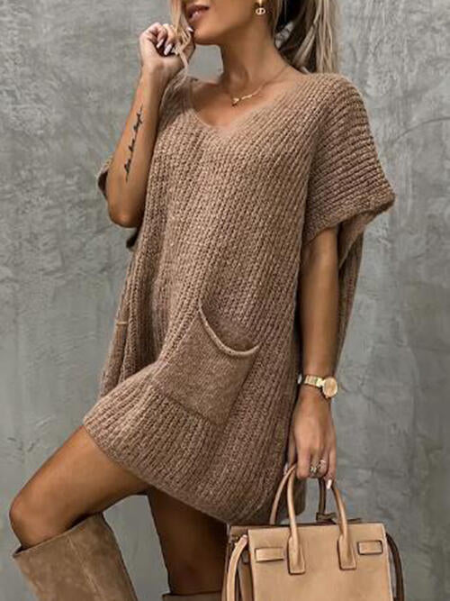 V-Neck Short Sleeve Sweater with Pockets | Casual Stretchy Polyester Sweater