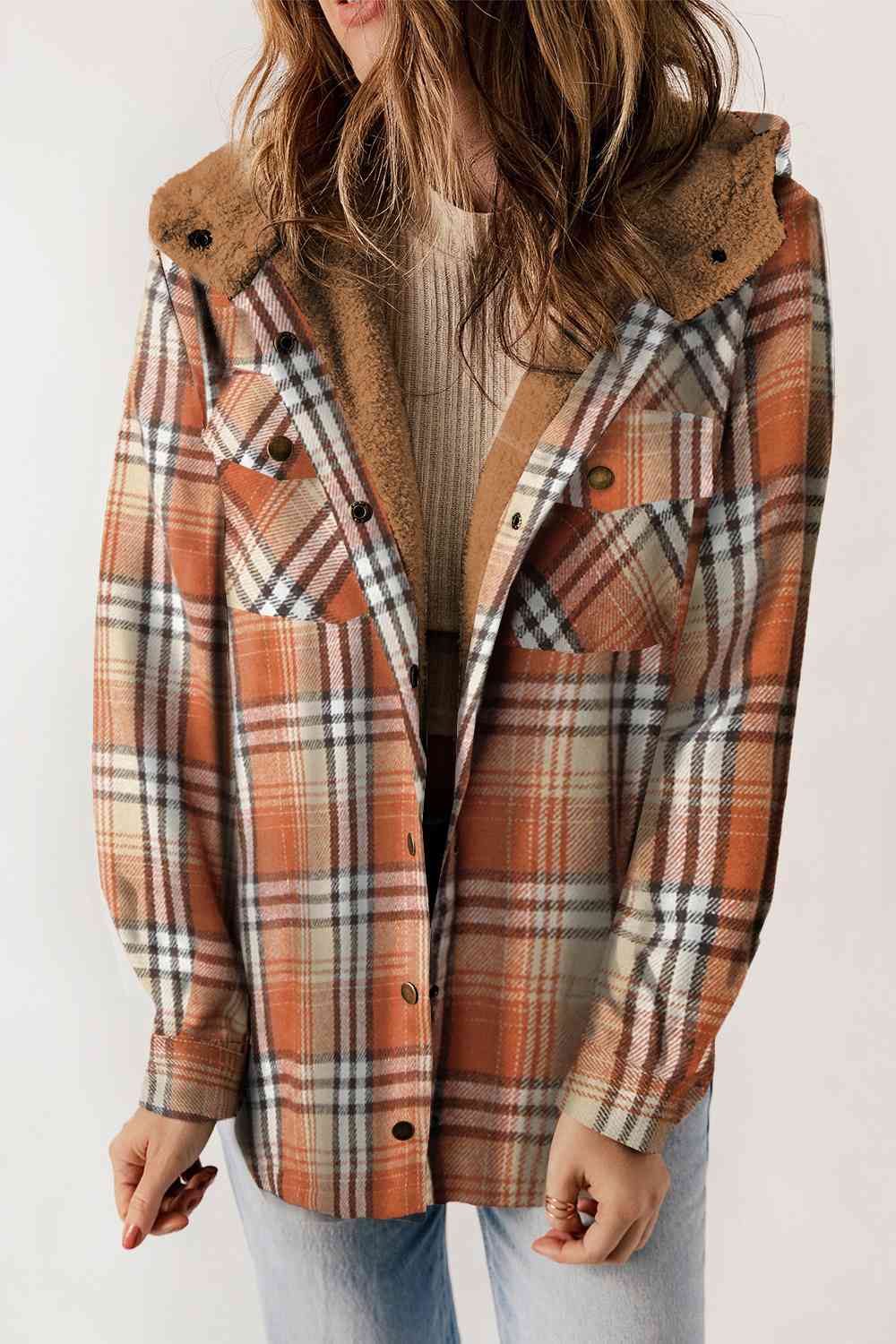 Plaid Snap Down Hooded Jacket | Casual Pocketed Jacket With Long Sleeves