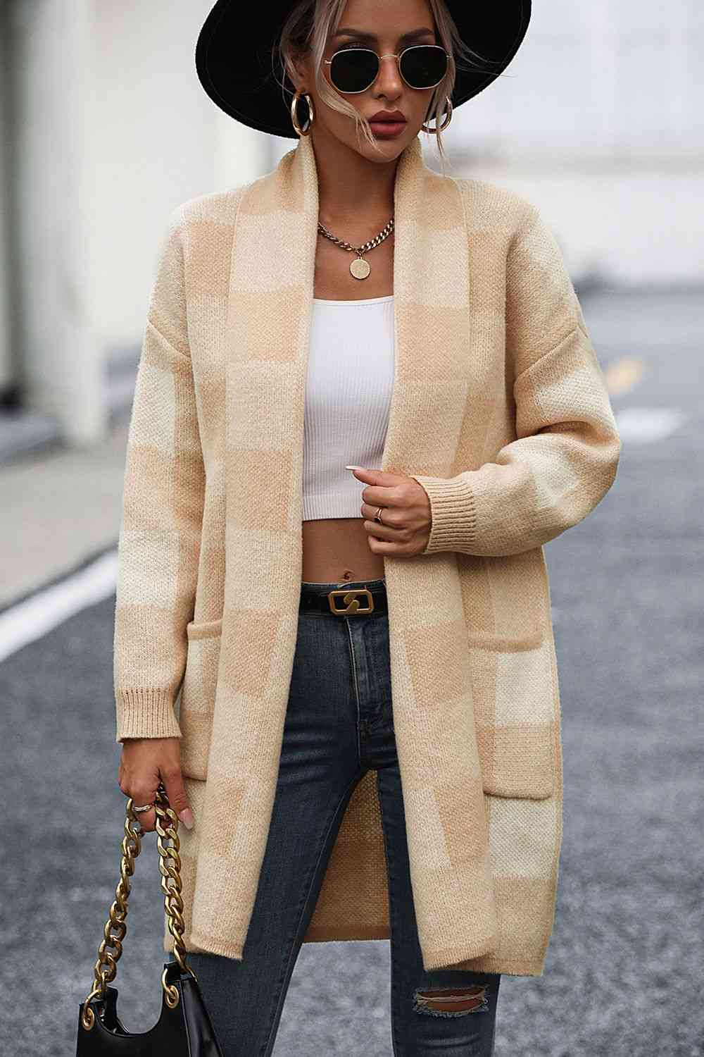 Plaid Dropped Shoulder Cardigan with Pocket | Checkered Open Frond Cardigan