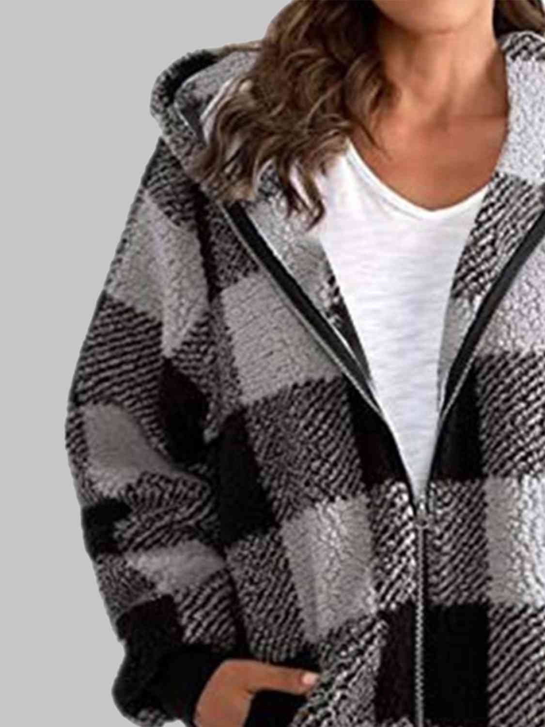 Plaid Zip-Up Hooded Jacket with Pockets | Warm Cozy Fuzzy Sherpa Jacket Shirt