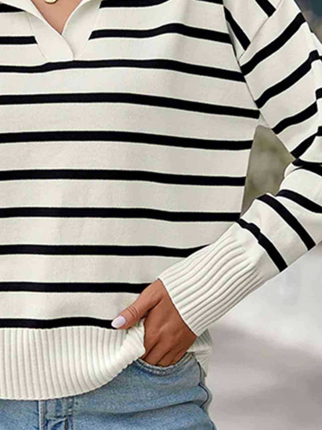 Striped Collared Neck Knit Top | Polyester Top With Ribbed Hem And Sleeves