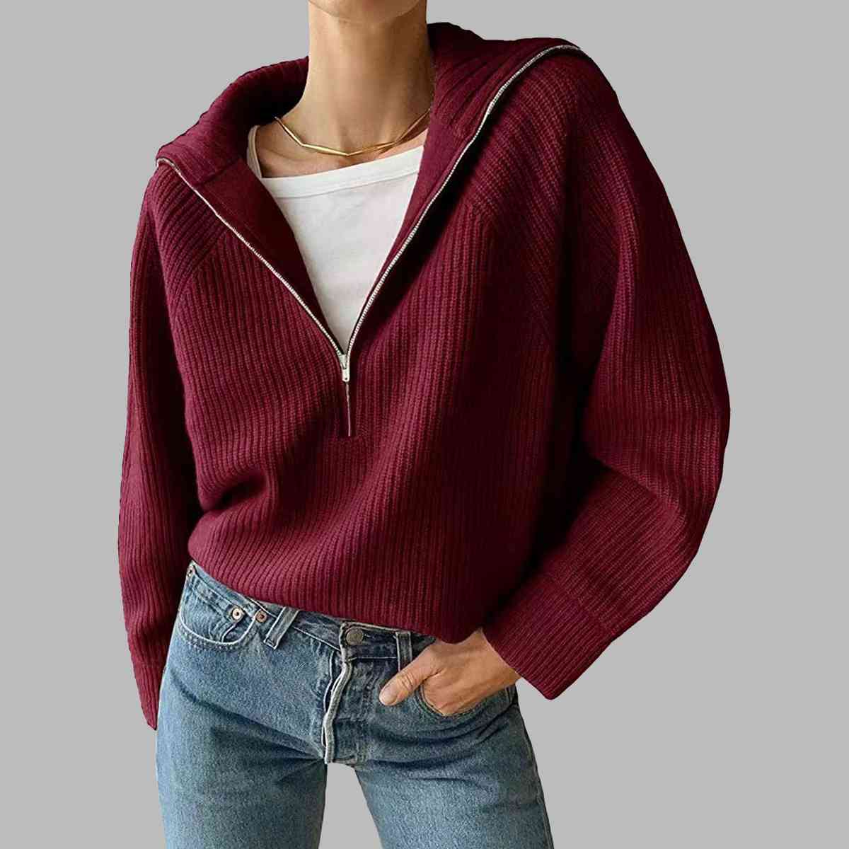 HaIf Zip Long Sleeve Knit Top | Acrylic Casual Top With Long Cuffed Sleeves