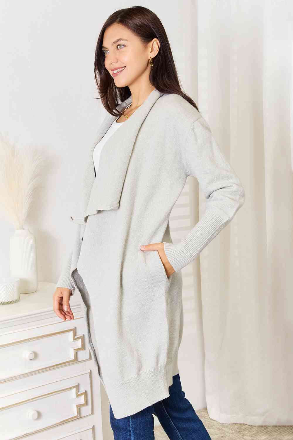 Double Take Open Front Duster Cardigan with Pockets | Cardigan With Ribbed Hem