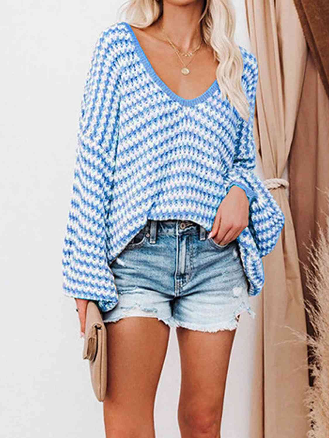 Striped Drop Shoulder V-Neck Sweater | Casual Open Work Relaxed Fit Sweater