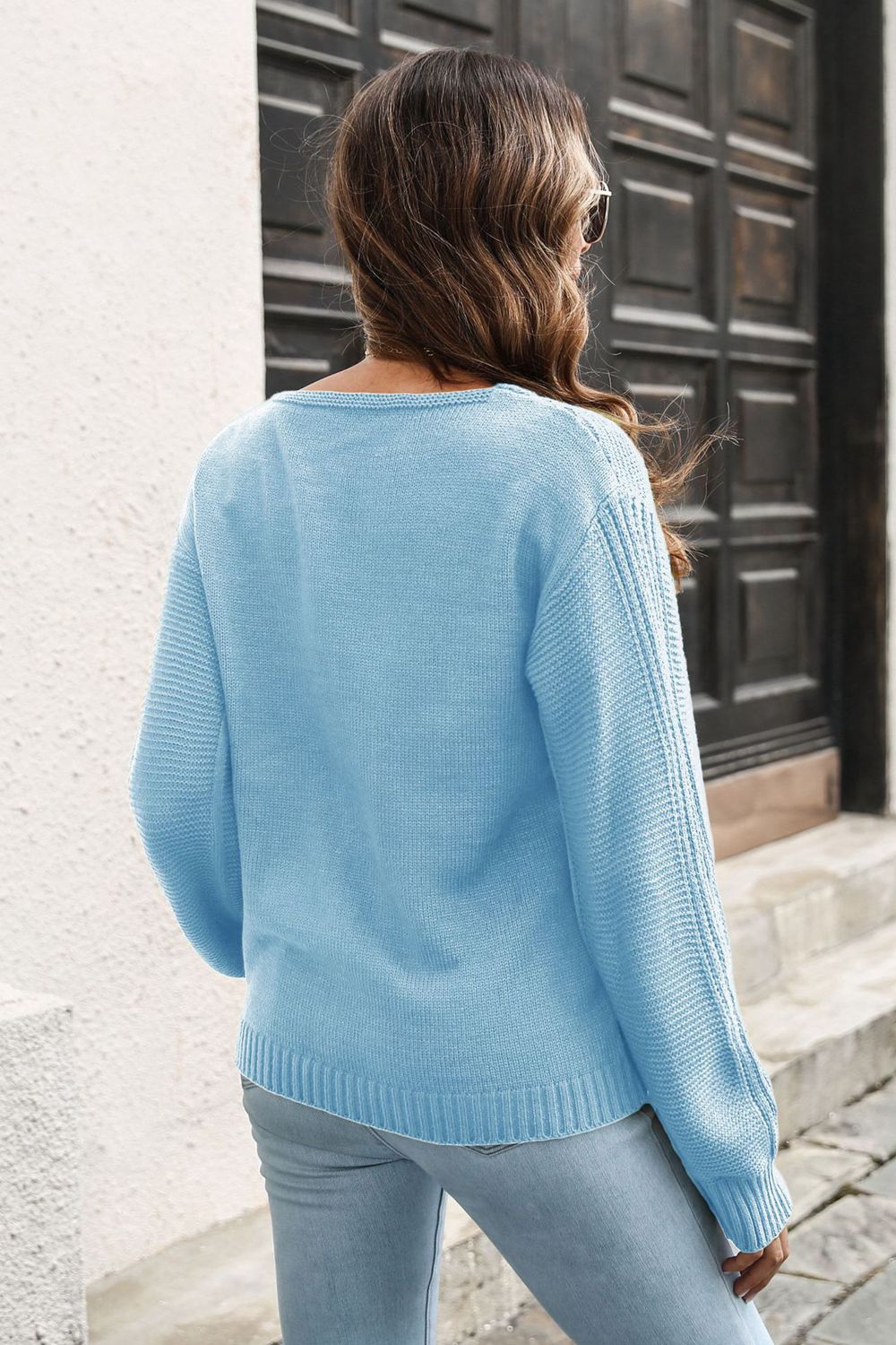 Ribbed Scoop Neck Long Sleeve Pullover Sweater | Ribbed Sleeves Acrylic Sweater