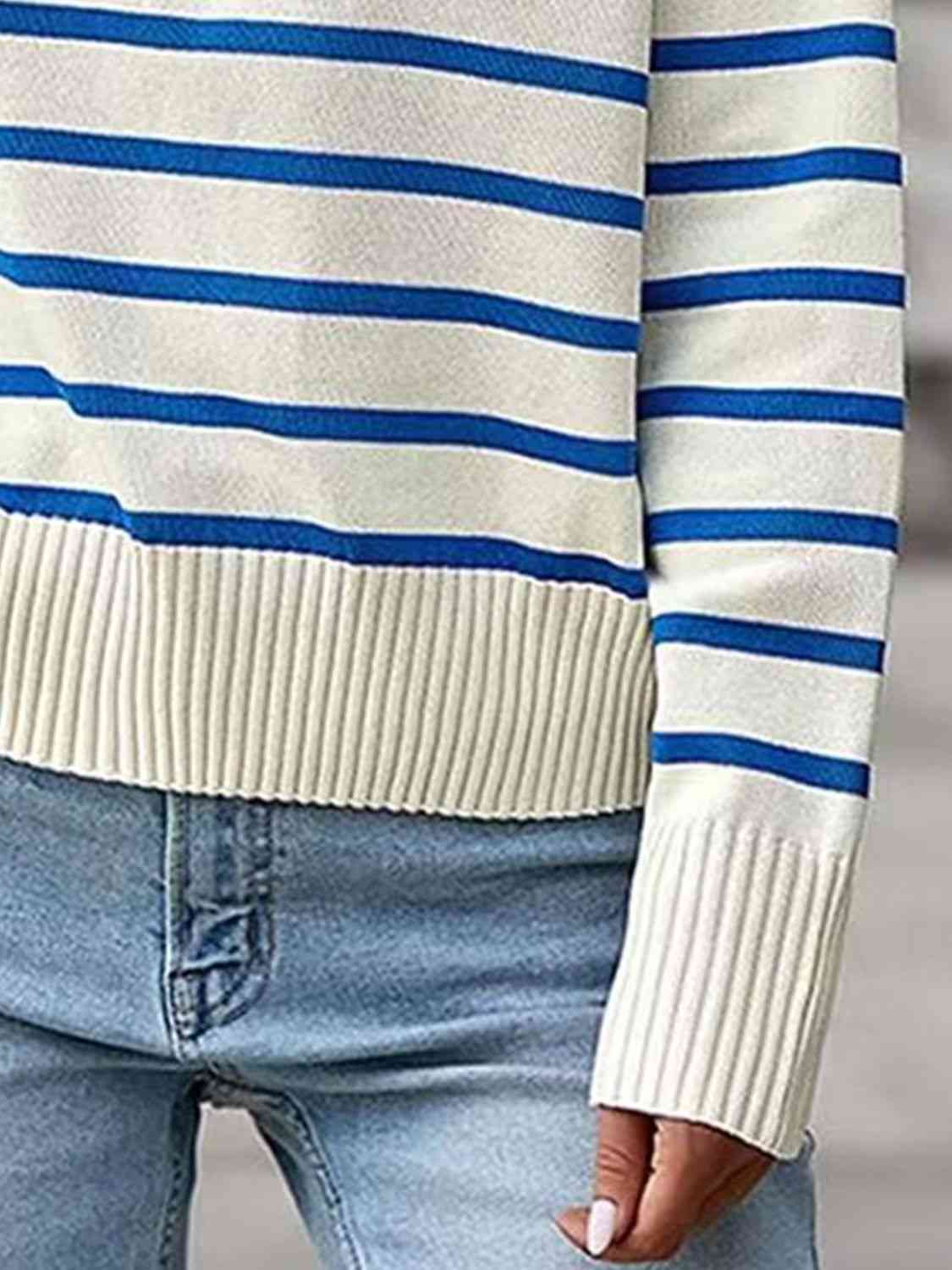 Striped Collared Neck Knit Top | Polyester Top With Ribbed Hem And Sleeves