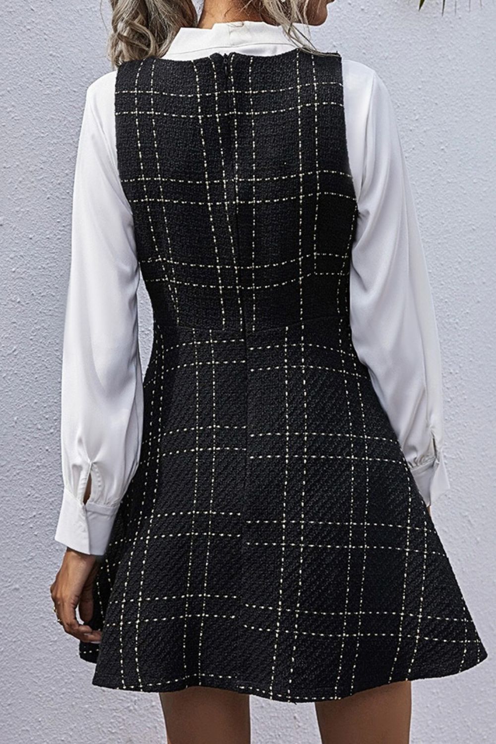 Printed V-Neck Sleeveless Dress with Pocket | Polyester Buttoned Plaid Dress