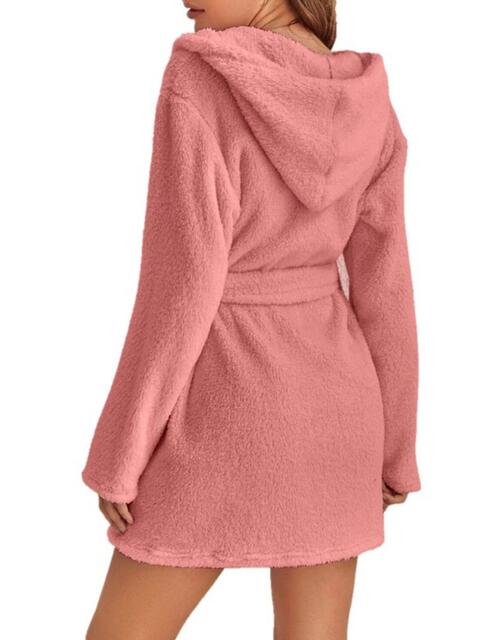 Tie Waist Hooded Robe | Soft Solid Stretched Polyester Robe With Pockets