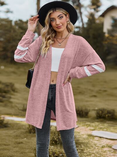 Striped Open Front Dropped Shoulder Cardigan