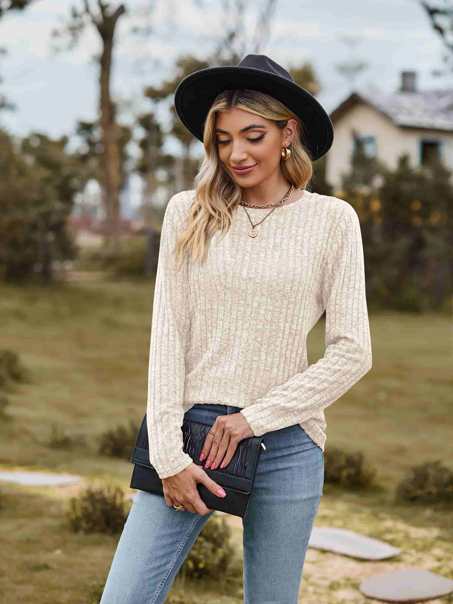 Ribbed Round Neck Long Sleeve Tee | Casual Heathered Solid Polyester Top