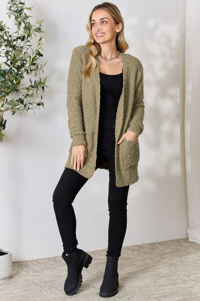 Zenana Falling For You Full Size Open Front Popcorn Cardigan | Pocketed Cardigan