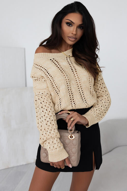 Full Size Openwork Cable-Knit Round Neck Knit Top | Casual Top With Ribbed Cuffs