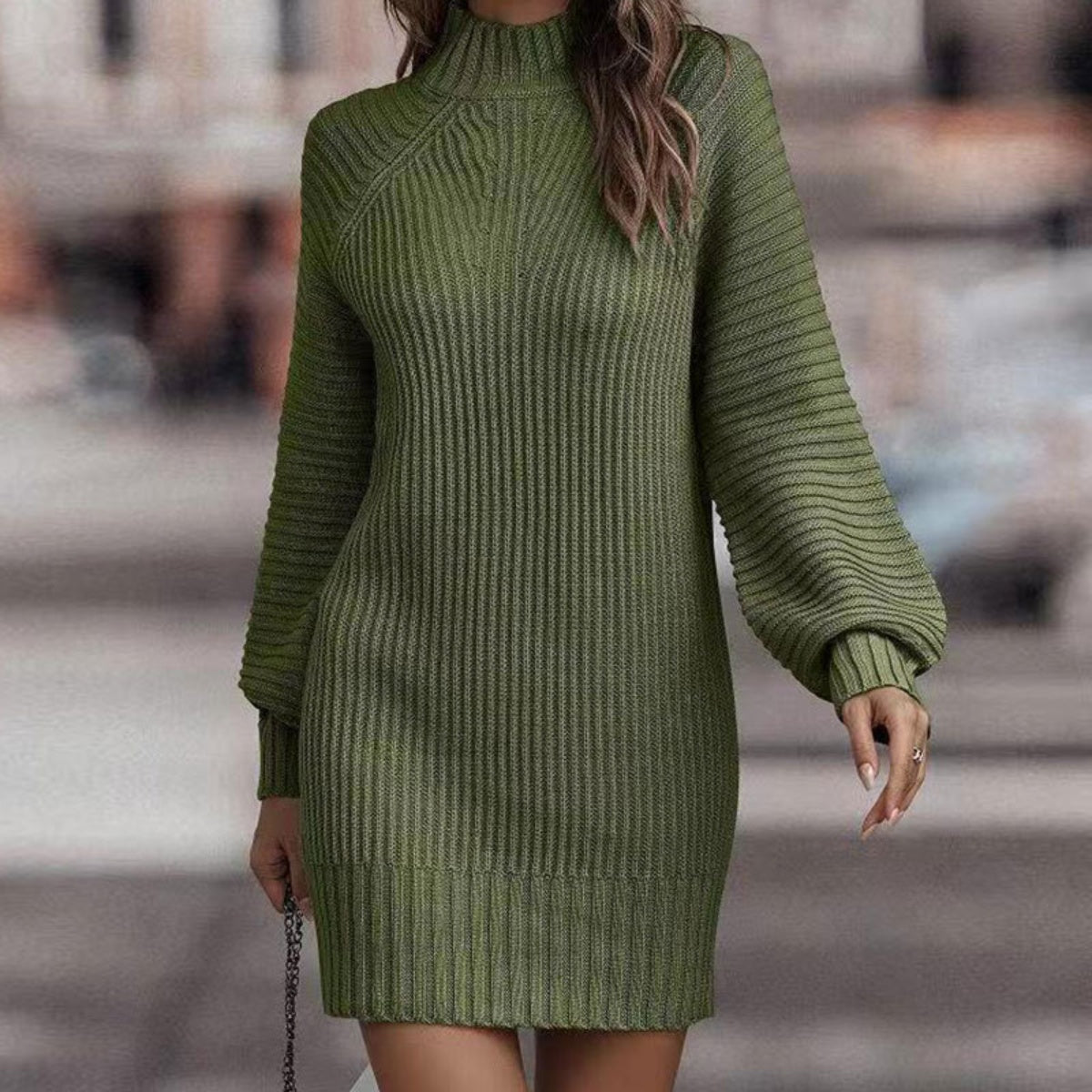 Mock Neck Lantern Sleeve Sweater Dress | Casual Polyester Mini Sweater Dress