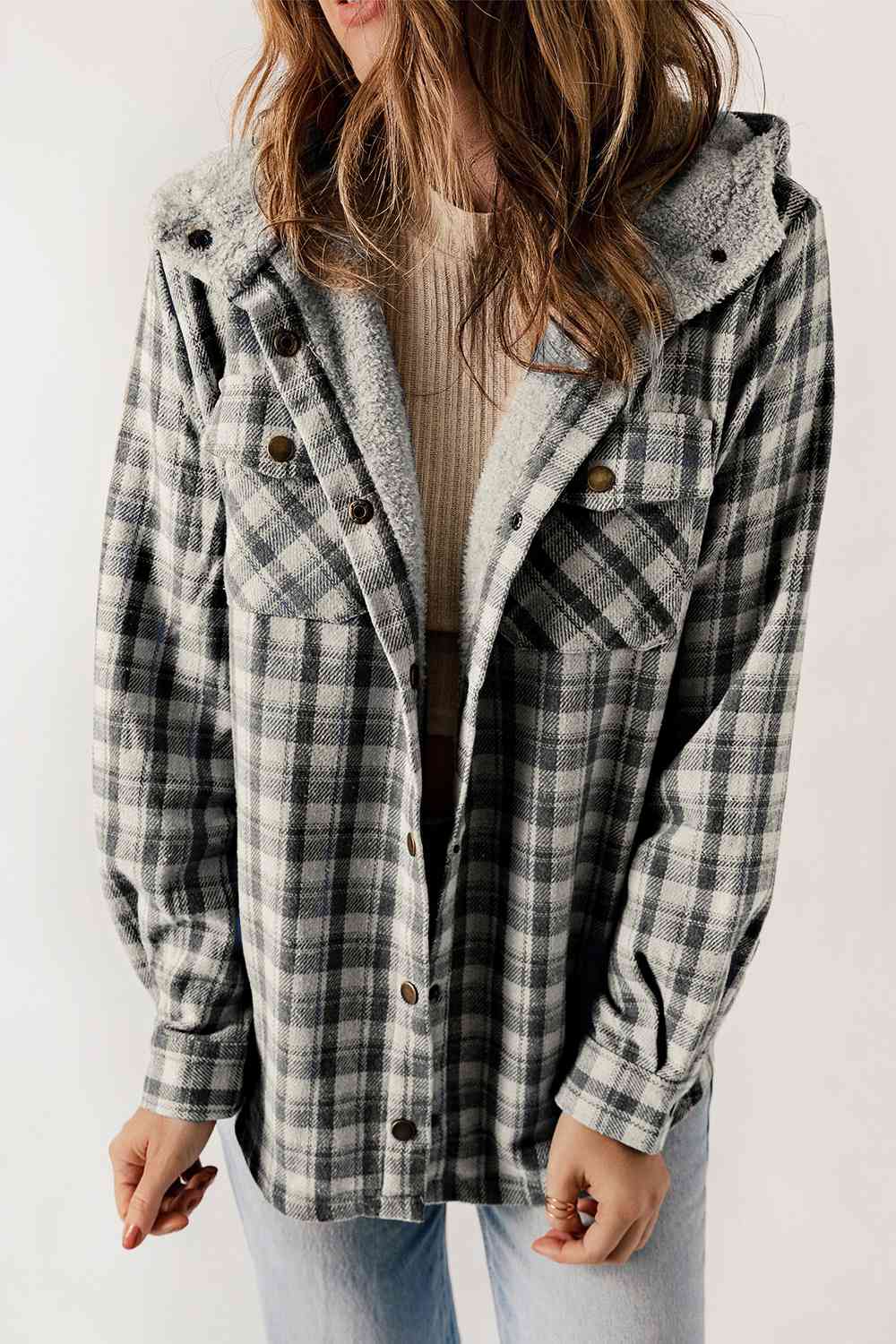 Plaid Snap Down Hooded Jacket | Casual Pocketed Jacket With Long Sleeves