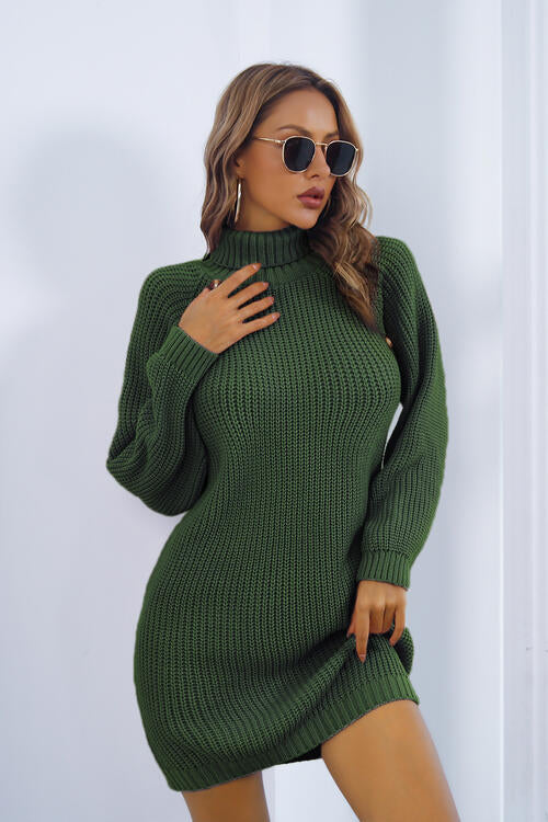 Buttoned Turtleneck Long Sleeve Sweater Dress | Solid Mini Acrylic Dress