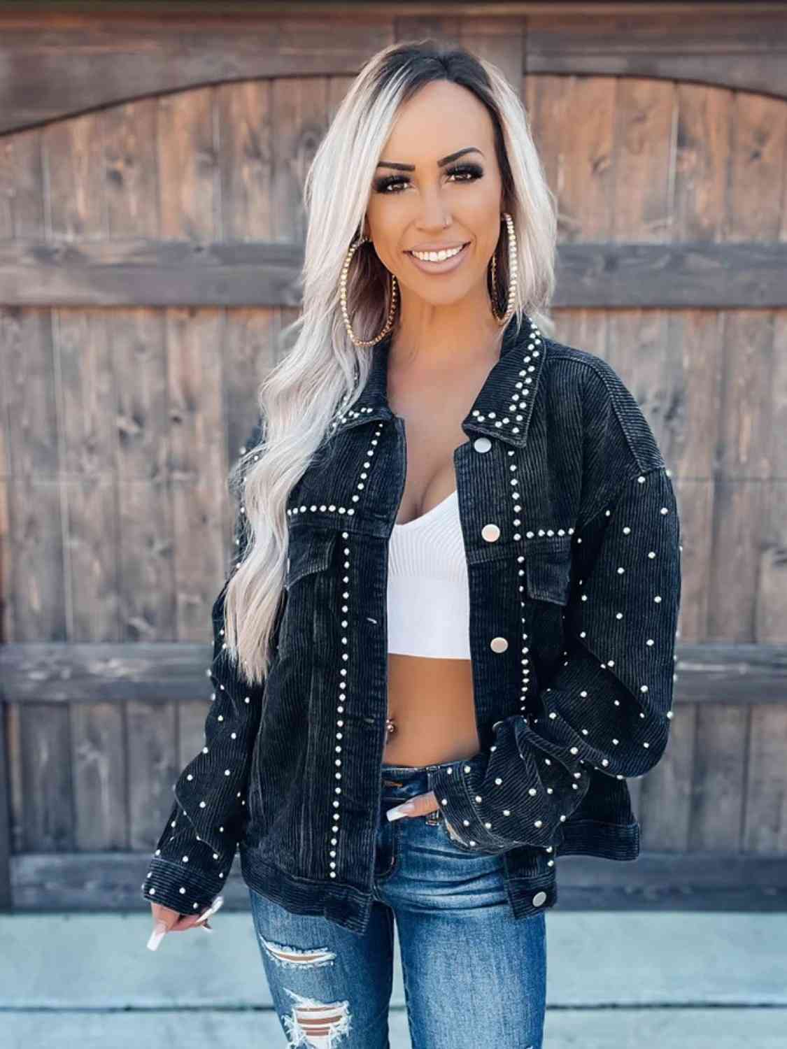 Studded Collared Neck Button Down Jacket | Casual Jacket With Chest Pockets