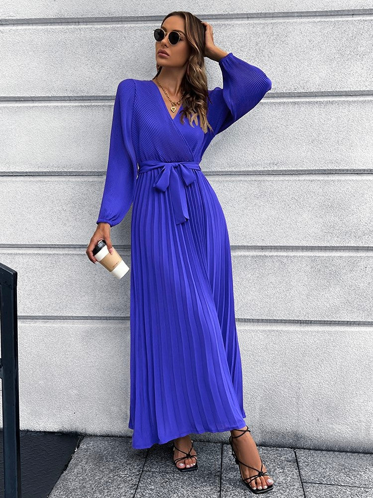 V-Neck Tie Waist Pleated Maxi Dress | Sweet Ankle Midi Pleated Maxi Dress