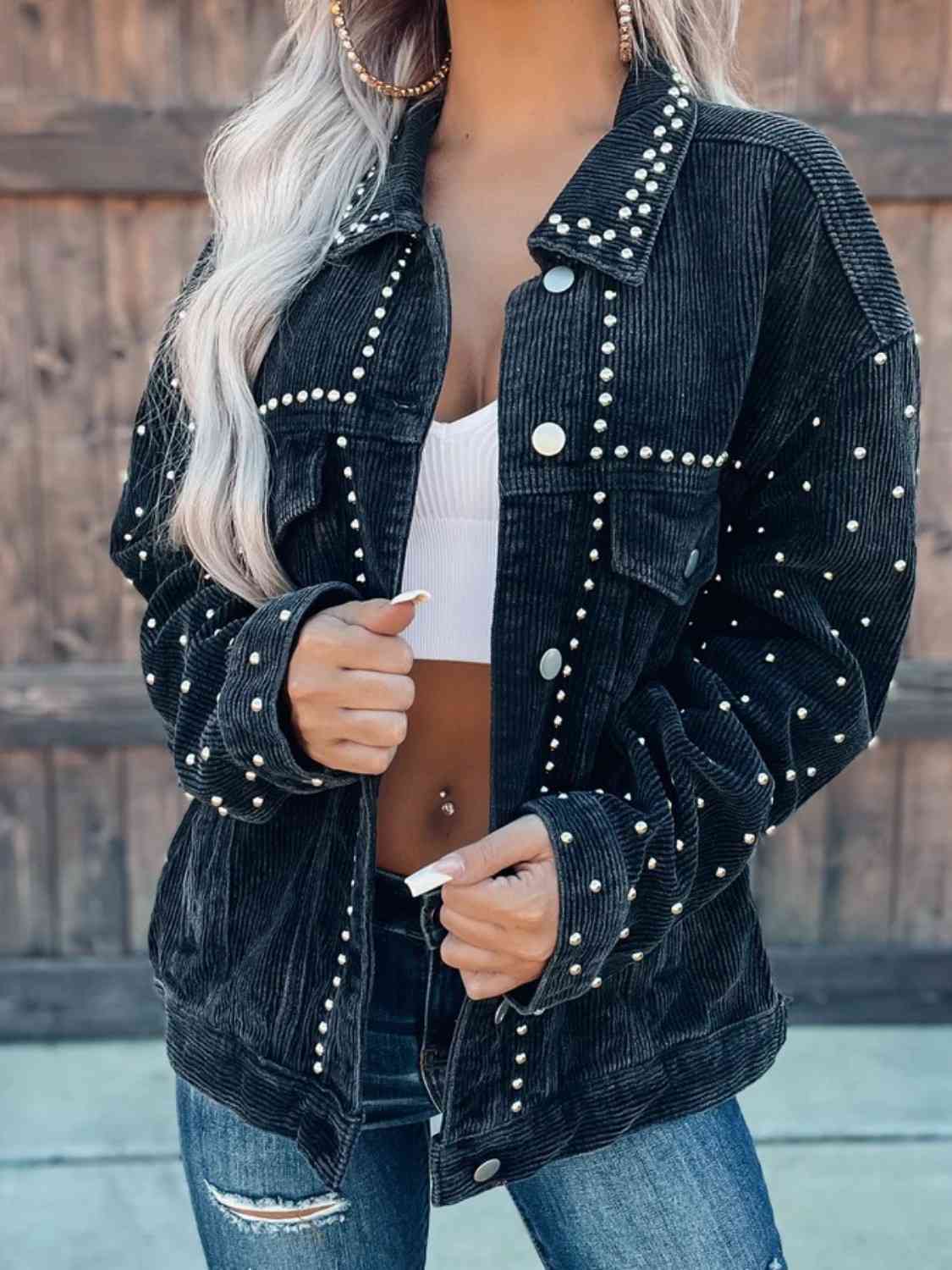 Studded Collared Neck Button Down Jacket | Casual Jacket With Chest Pockets