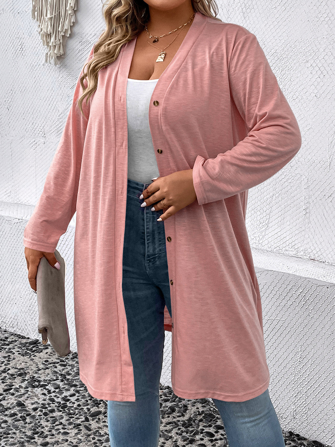 Plus Size Button Down Longline CardiganPlus Size Button Down Longline Cardigan | Polyester Cardigan With Long Sleeves