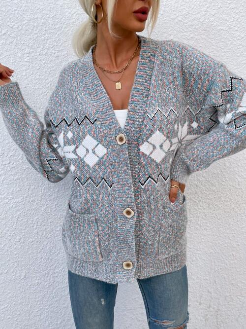 Heathered Pocketed Button Up Cardigan | Casual Stretchy Polyester Cardigan