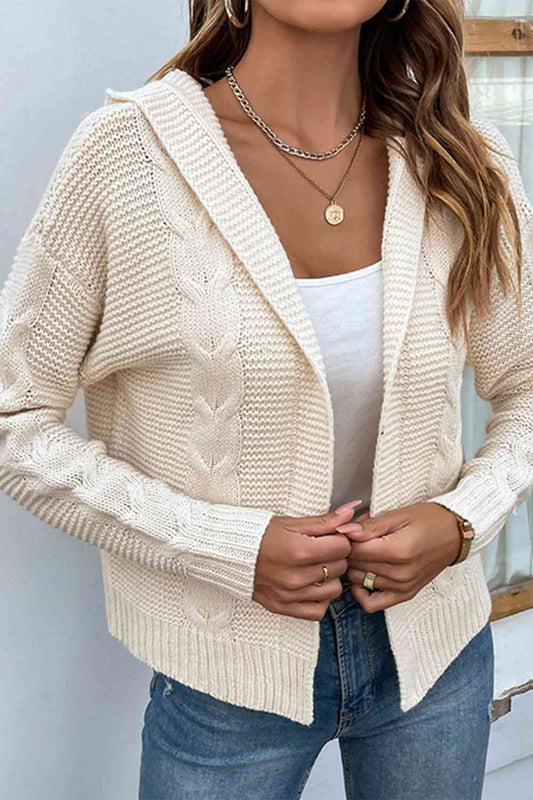 Cable-Knit Dropped Shoulder Hooded Cardigan | Casual Solid Ribbed Cardigan