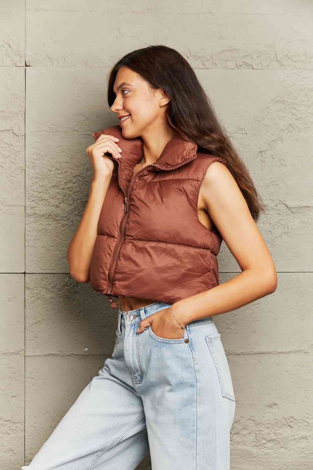 Zip-Up Drawstring Puffer Vest | Cropped Solid Band Collar Polyester Vest