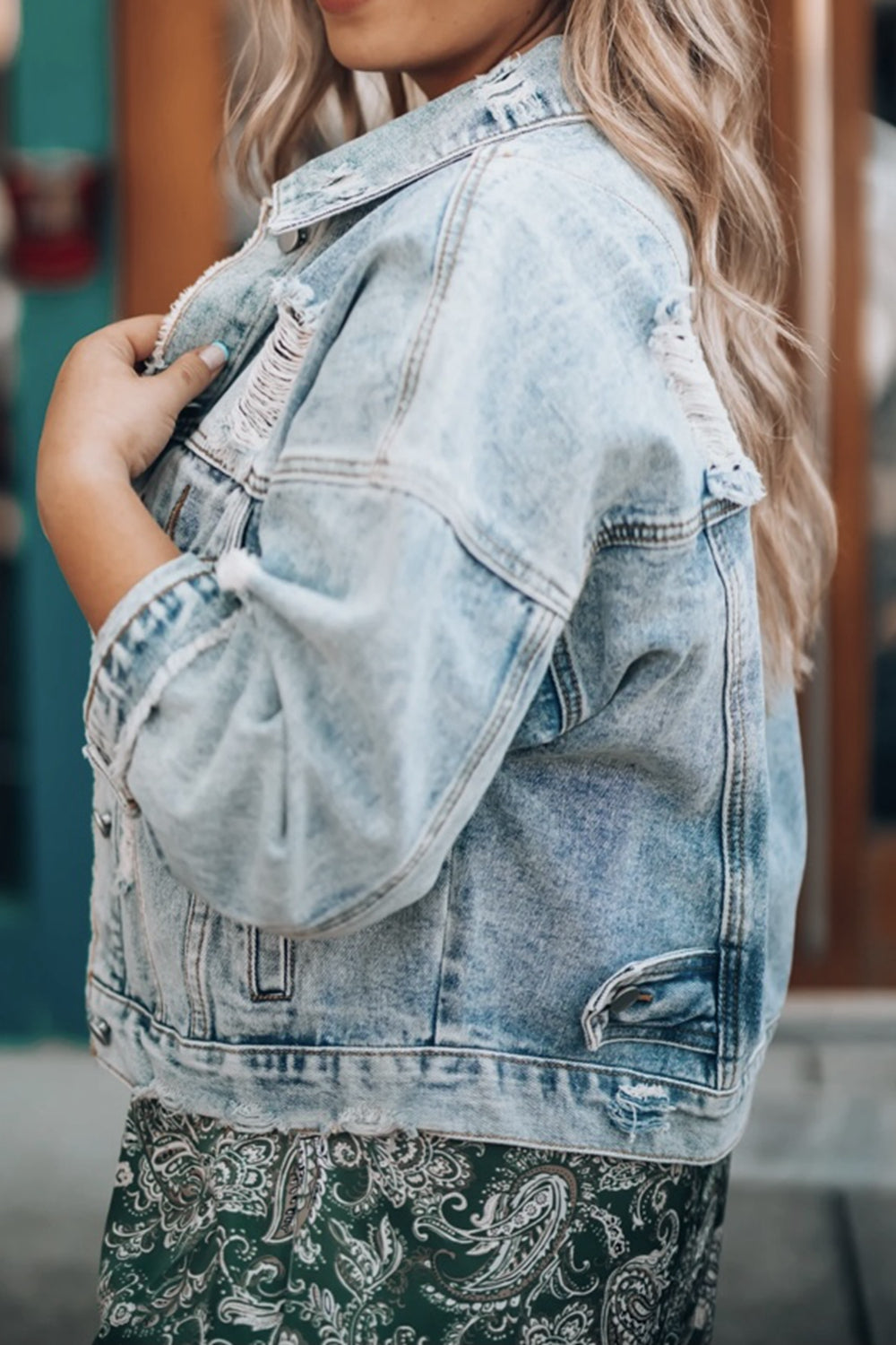 Distressed Drop Shoulder Denim Jacket | Pocketed Cotton Jacket With Buttons