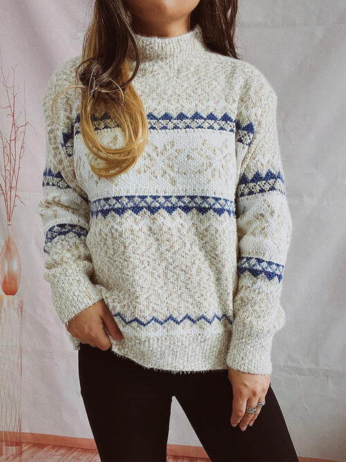 Geometric Mock Neck Dropped Shoulder Sweater | Polyester Sweater With Ribbed Hem