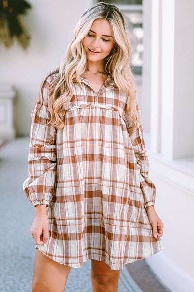 Plaid Long Sleeve Babydoll Mini Dress | Casual Collared Neck Polyester Dress