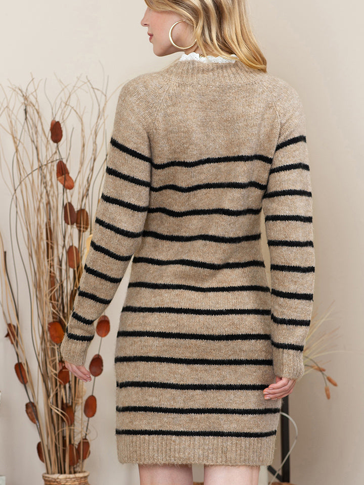 Striped Round Neck Long Sleeve Sweater Dress | Dress With Ribbed Hem & Sleeves