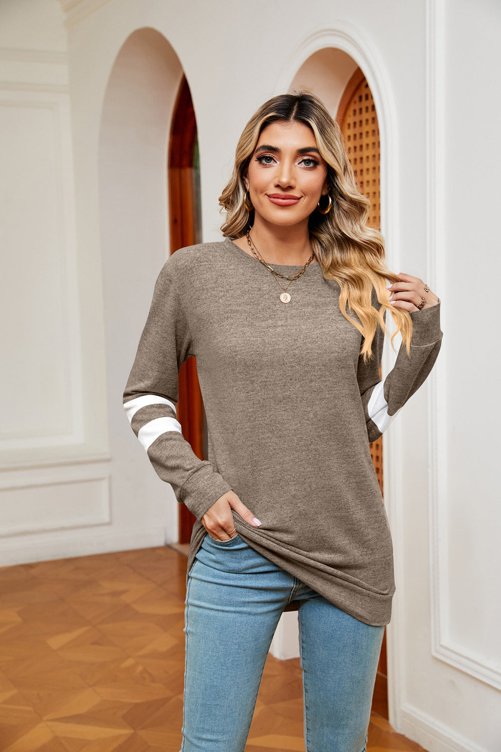 Round Neck Long Sleeve Top | Casual Stretchy Woman's Top With Cuffed Sleeves