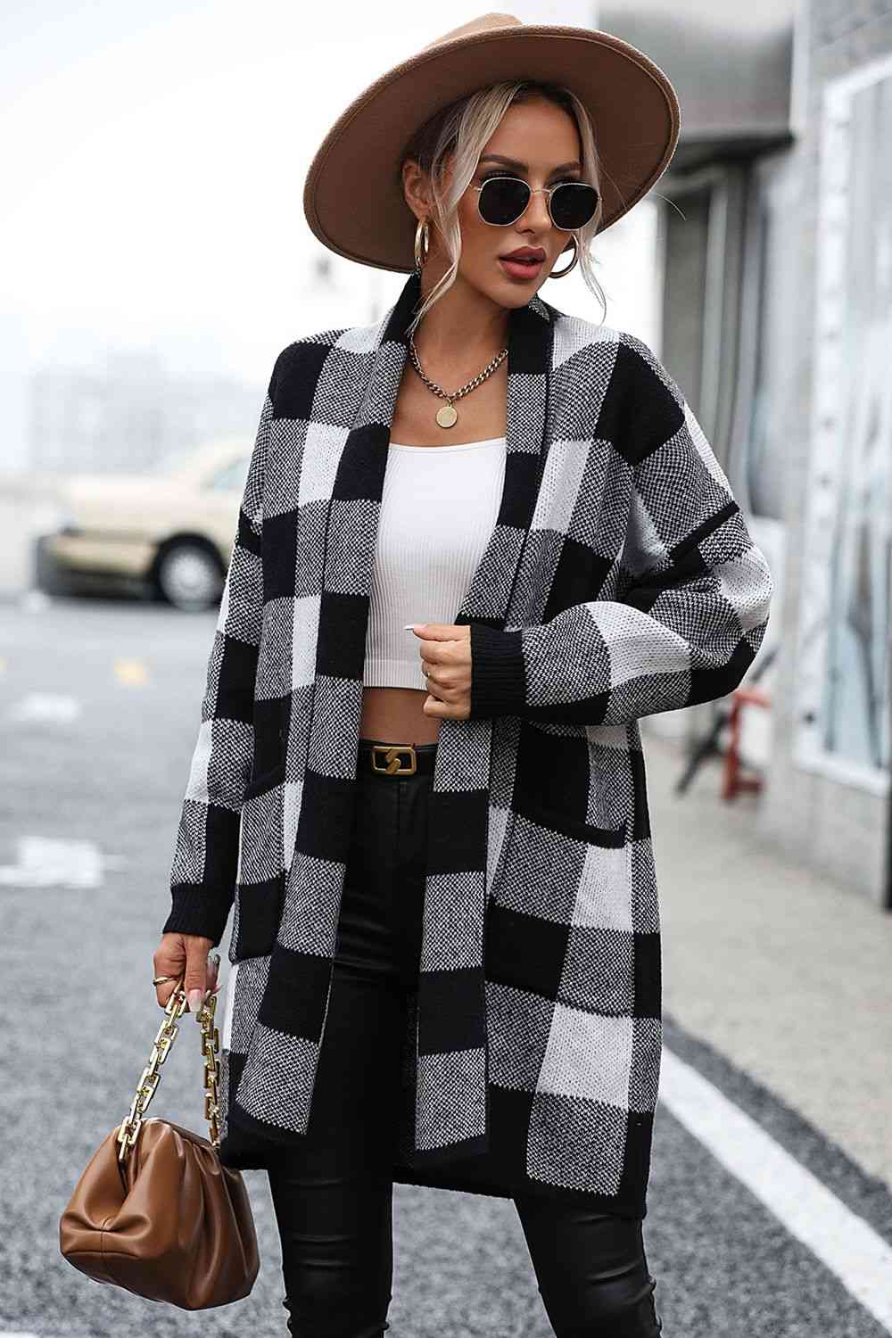 Plaid Dropped Shoulder Cardigan with Pocket | Checkered Open Frond Cardigan