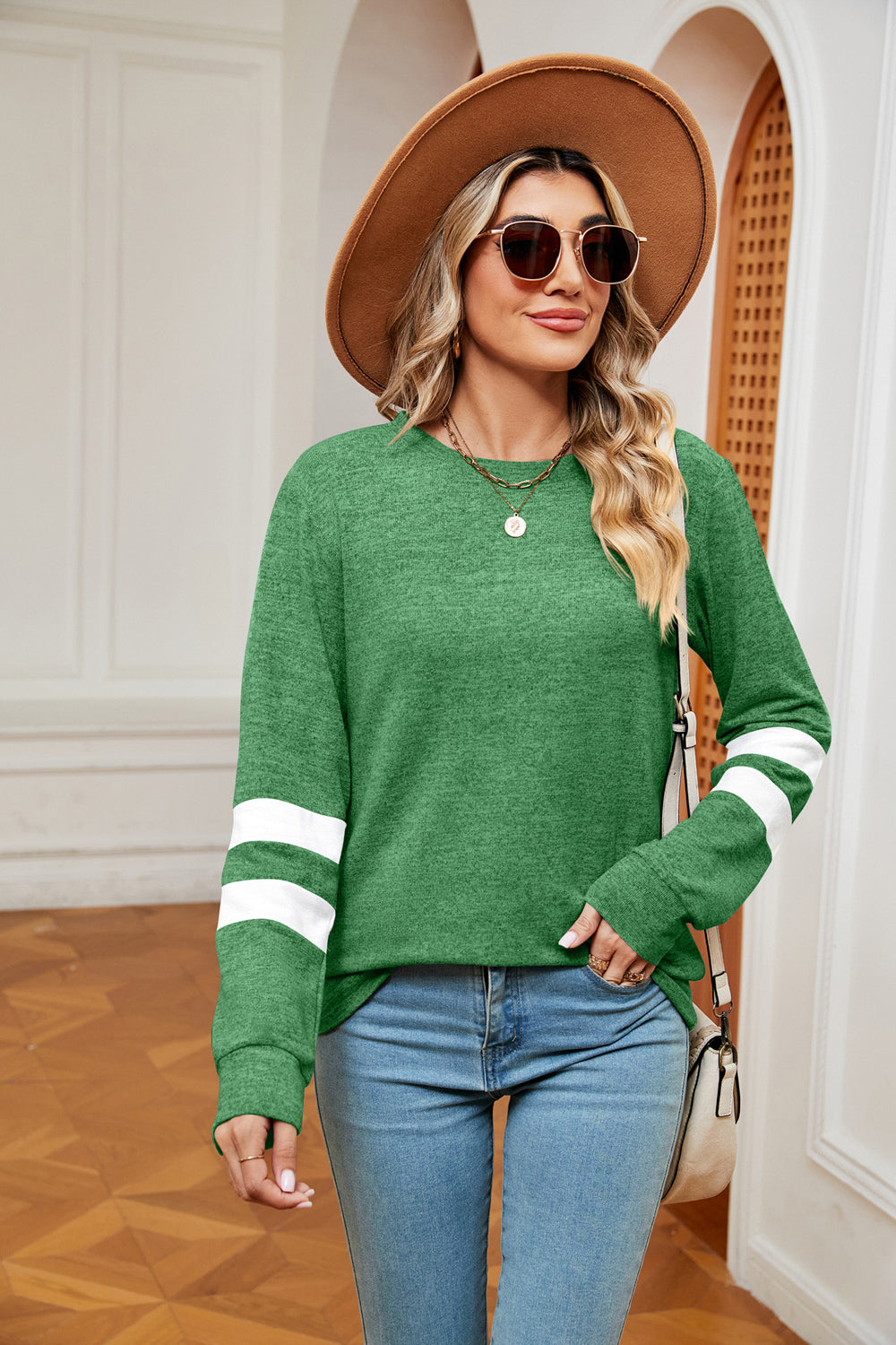 Round Neck Long Sleeve Top | Casual Stretchy Woman's Top With Cuffed Sleeves