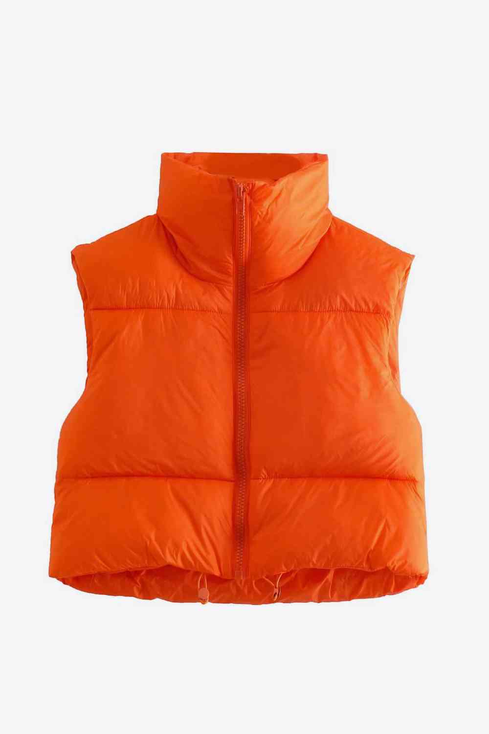 Zip-Up Drawstring Puffer Vest | Cropped Solid Band Collar Polyester Vest