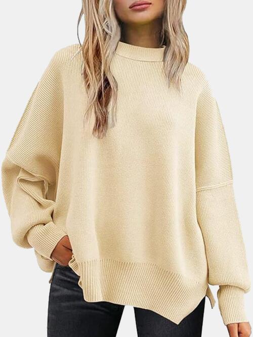 Round Neck Drop Shoulder Slit Sweater | Woman's Casual Stretchy Ribbed Sweater