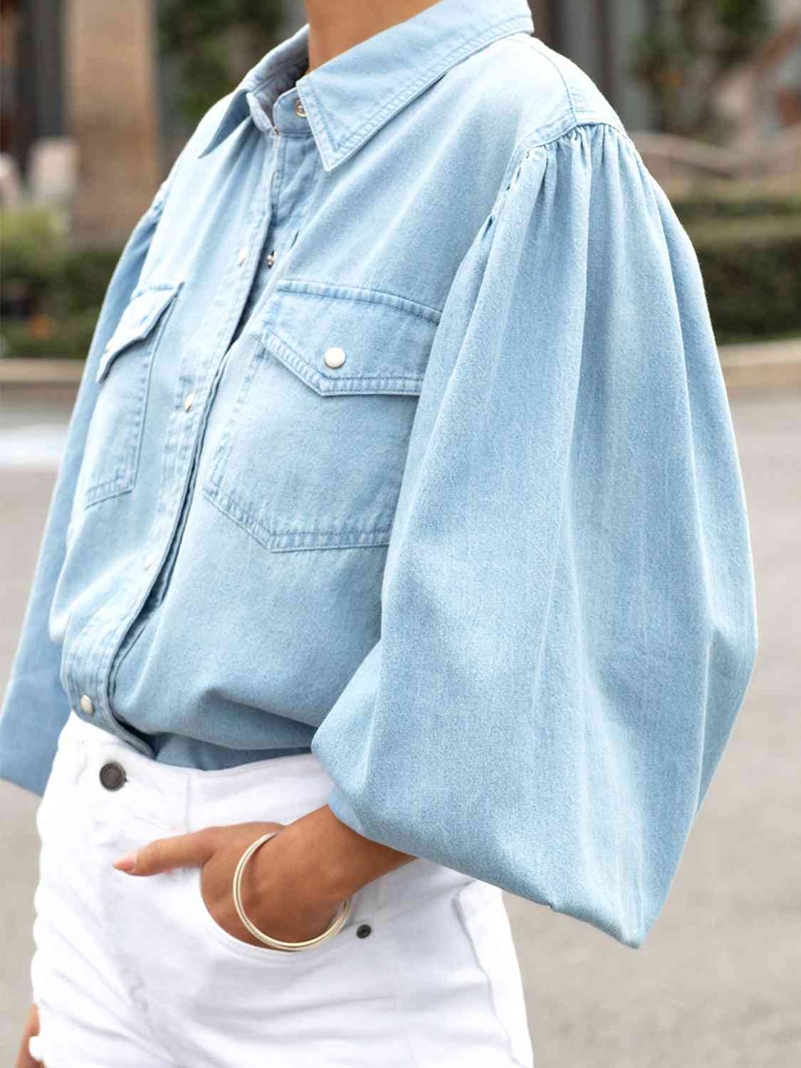 Snap Down Puff Sleeve Denim Jacket | Snap Down Puff Sleeve Denim Jacket | Polyester Cotton Jacket With Collar