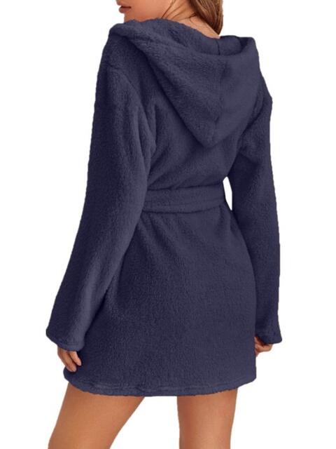 Tie Waist Hooded Robe | Soft Solid Stretched Polyester Robe With Pockets