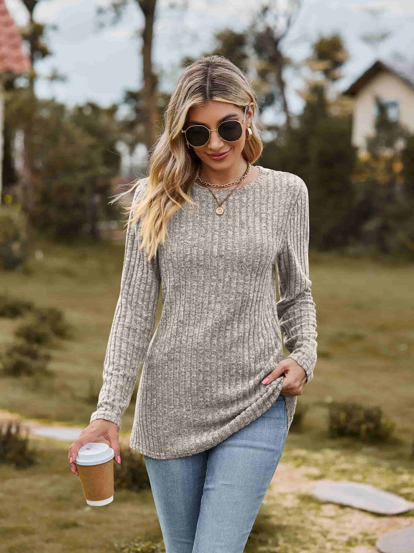 Ribbed Round Neck Long Sleeve Tee | Casual Heathered Solid Polyester Top